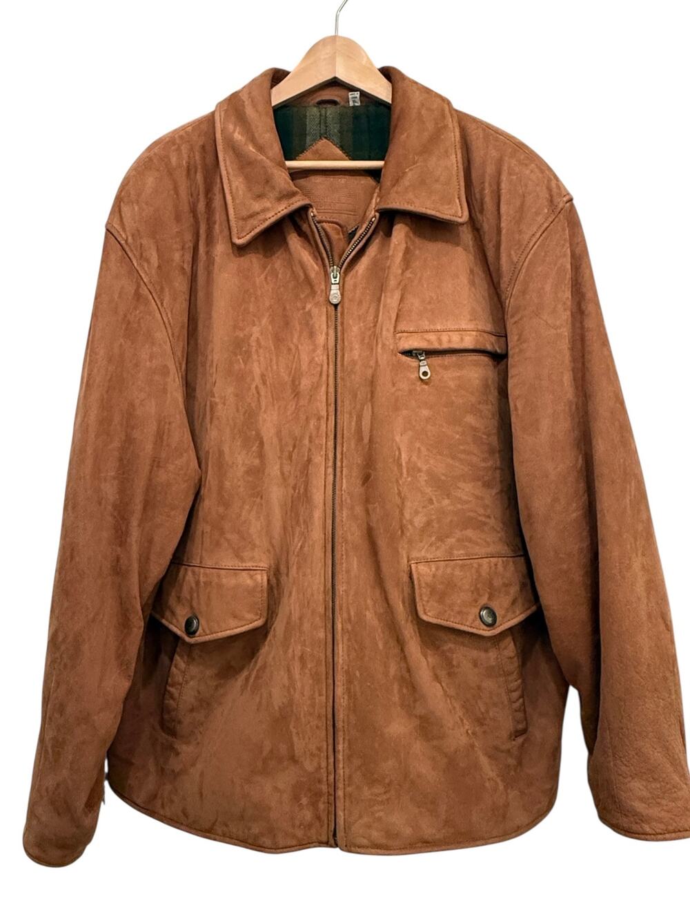 Roundtree & Yorke Genuine Suede Leather Jacket XL Brown Plaid Lined Barn Coat
